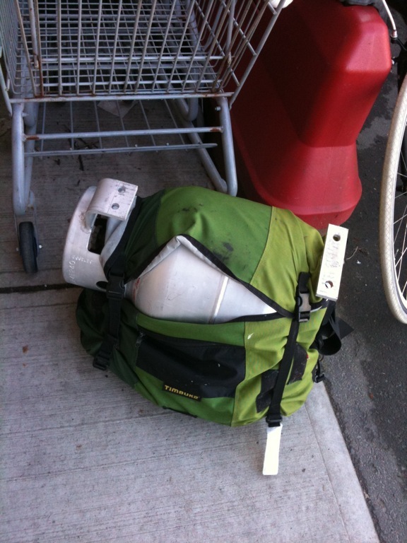 propane canister packed up for bicycle transport