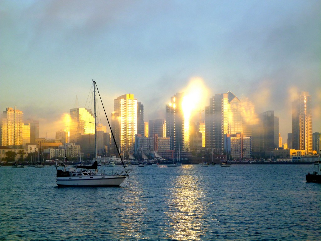 San Diego at sunset with fog rolling in downtown